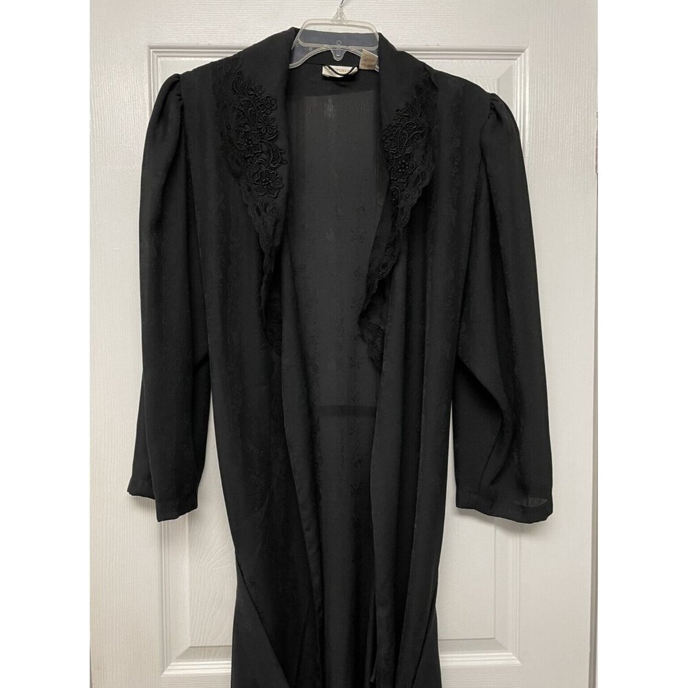 VICTORIAS SECRET Vintage Gold Tag BLACK Sheer ROBE Chiffon Sleeves Embroidered L